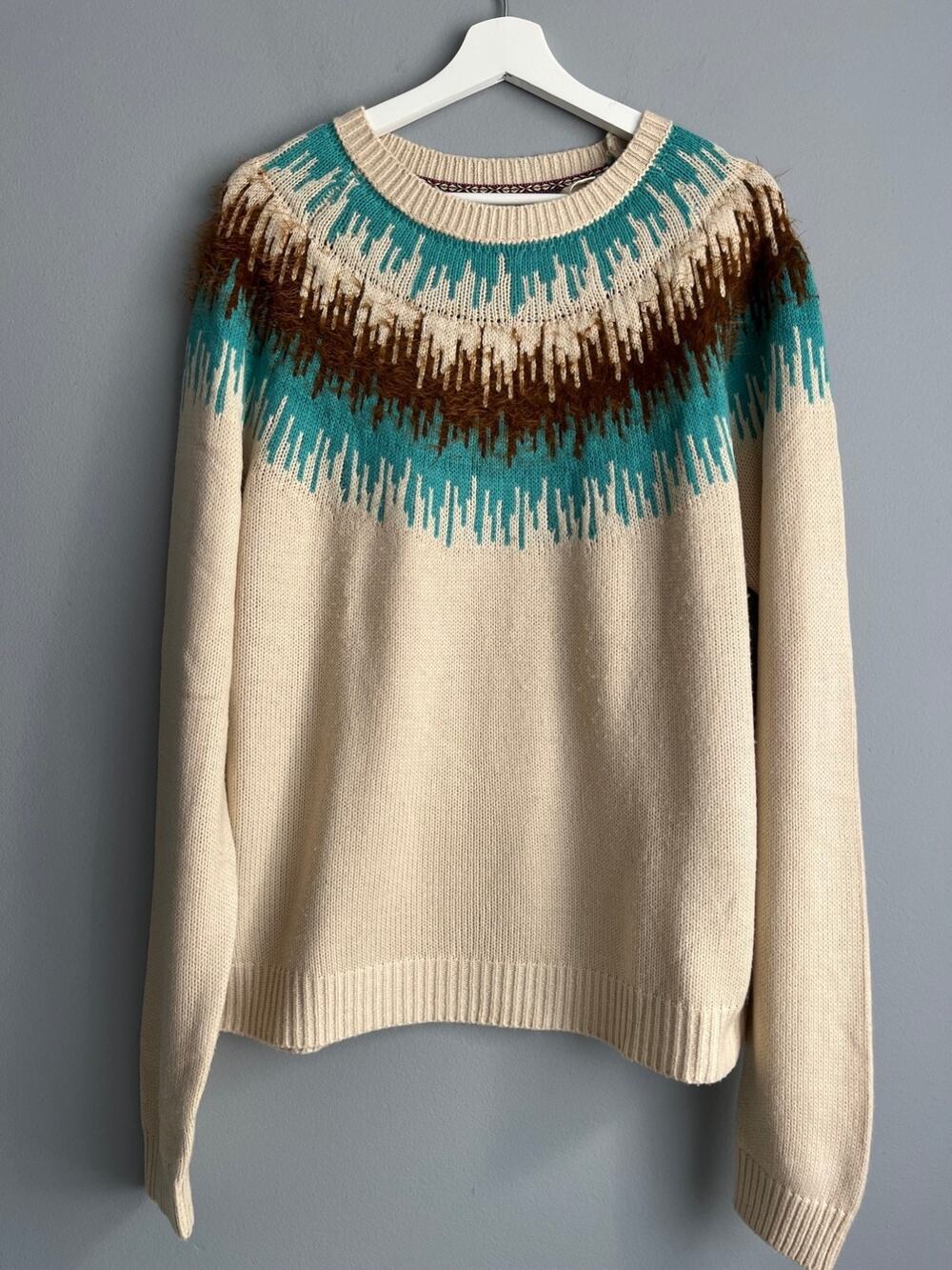 Weatherproof Vintage Fair Isle Sweater Womens L Cream Turquoise Nordic Cottage